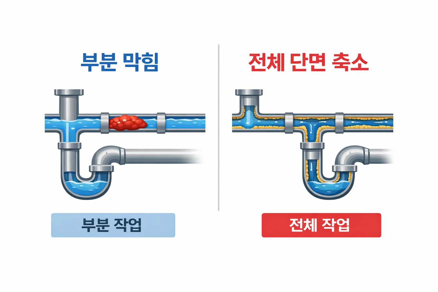 국소 막힘과 넓은 구간의 단면 축소 비교