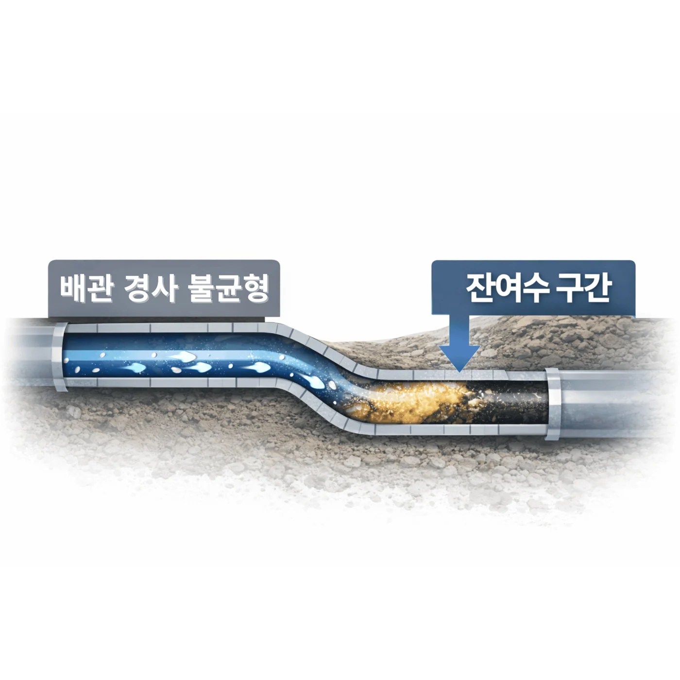경사가 고르지 않은 배관의 잔수 구간