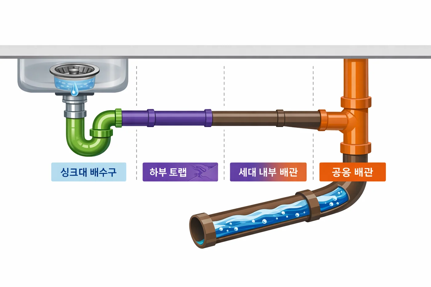 싱크대에서 공용 배관까지 이어지는 물길