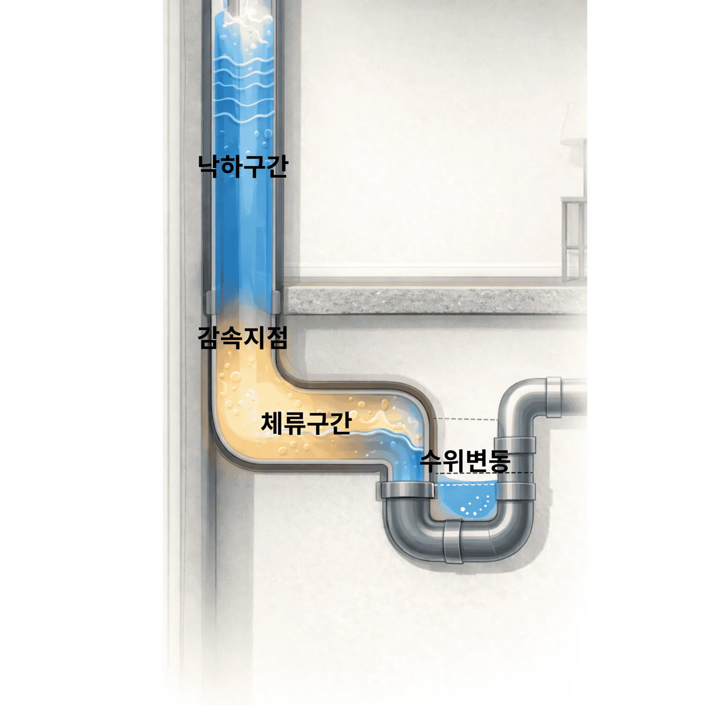 수평 배관과 수직 배관의 연결 구조