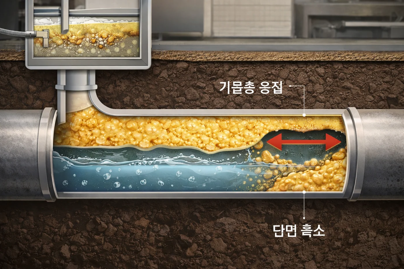 식당 주방 배관의 기름층 예시
