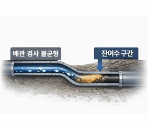 배관 경사 차이에 따라 물 흐름 속도가 달라지는 비교 단면 구조도