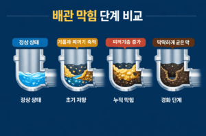 경기광주 싱크대막힘 원인 기름슬러지로 배관 단면이 점점 줄어듬