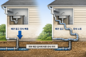 외부 배관 길이가 길어질수록 유속이 약해지는 구조를 설명한 단면 이미지