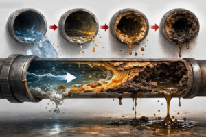 기름 슬러지가 배관 내부 단면에 축적되어 단면이 좁아진 구조 설명 이미지
