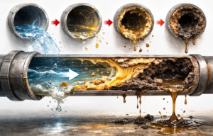 싱크대 배관 내부에 기름과 세제 잔여물이 응집되어 단면이 좁아진 구조 설명 이미지