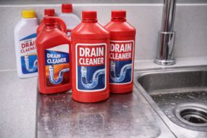 싱크대 옆에 여러 번 사용된 배수관 세정제가 놓여 있는 반복 사용 상황 이미지