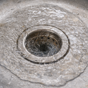 배수 속도가 느려지며 물이 고였다가 빠지는 싱크대 모습