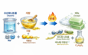 약품과 기름이 만났을때 수산화나트륨의 비누화 원리 도식