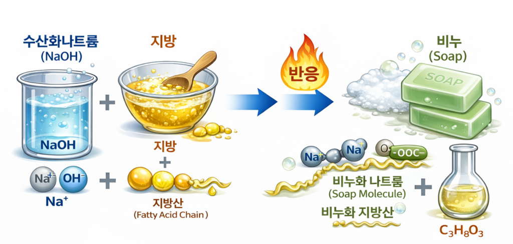 경기광주 싱크대막힘 수산화나트륨 비누화 반응 원리 도식