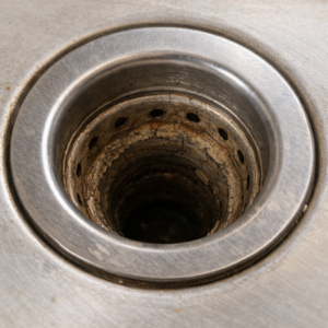 장기간 사용하지 않아 건조해진 싱크대 배수구 내부 상태