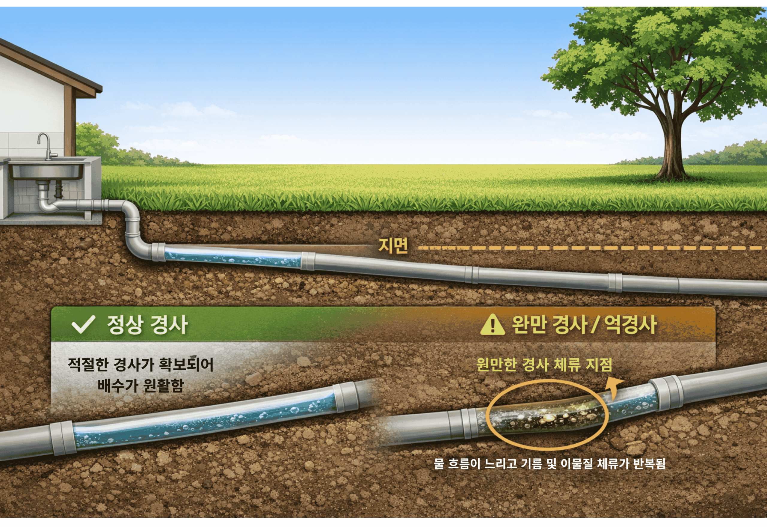 매설배관 경사편차로 인한 배수속도 저하